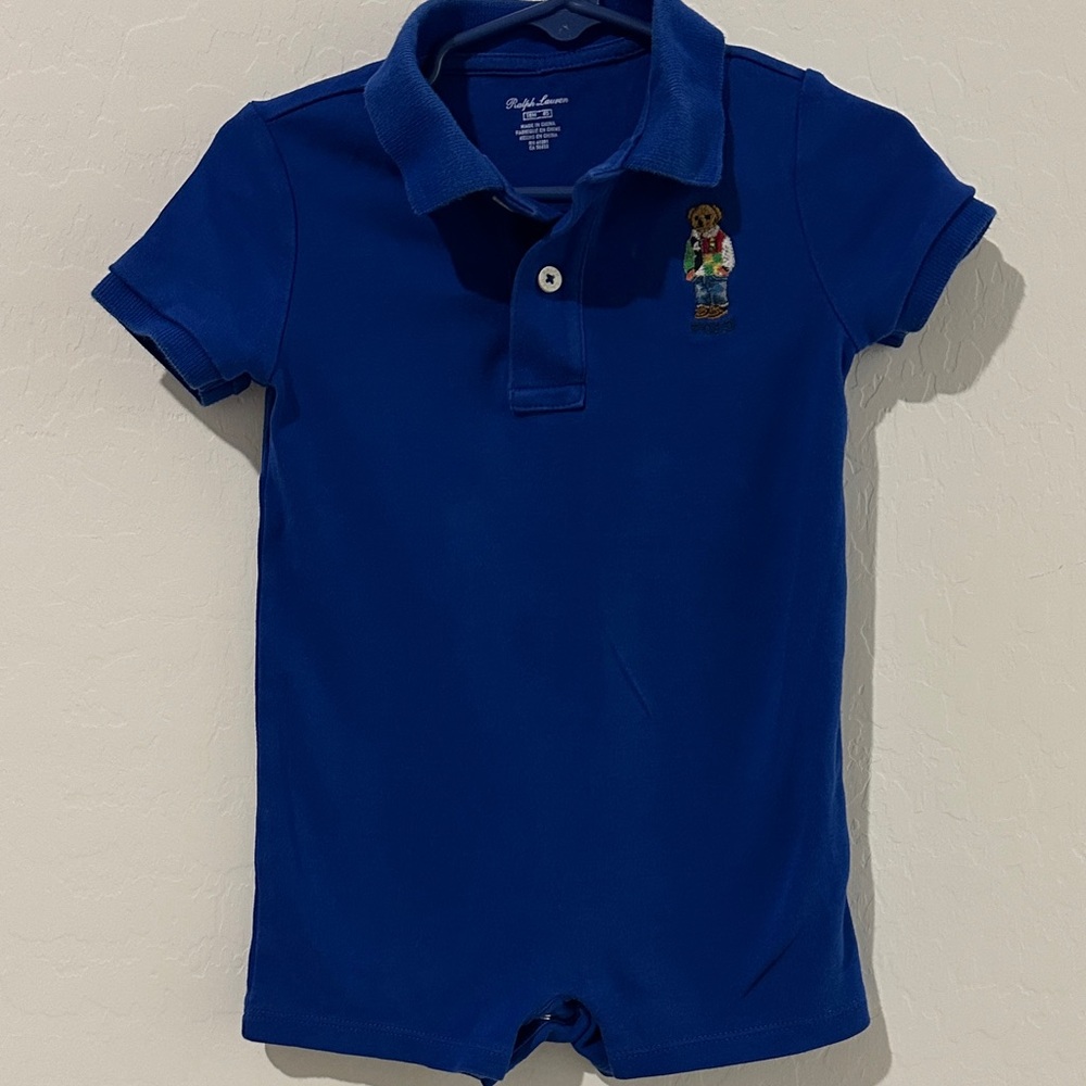 Ralph Lauren Royal Blue Polo Romper with Bear Embroidery boys